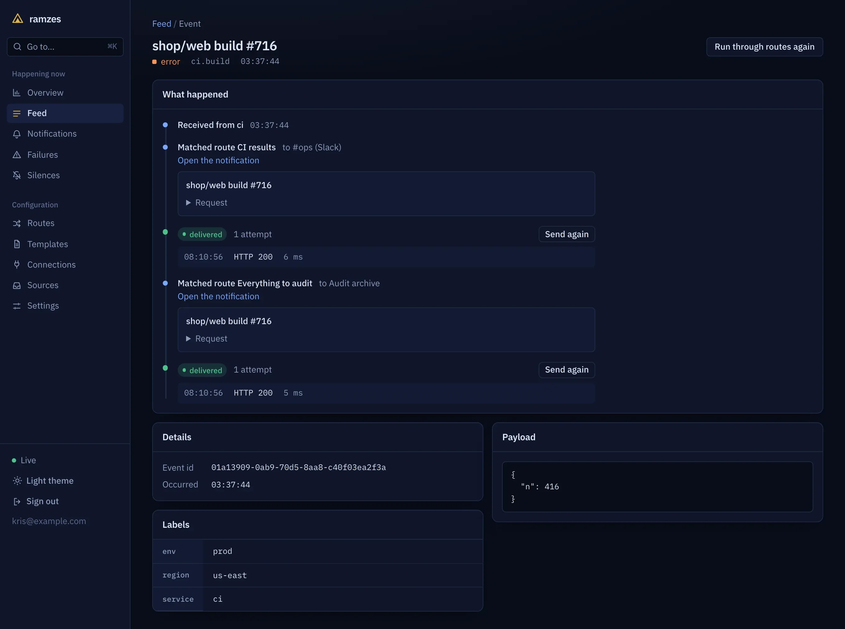 An event's page: it matched two routes, and each sent one message that was delivered at the first attempt.