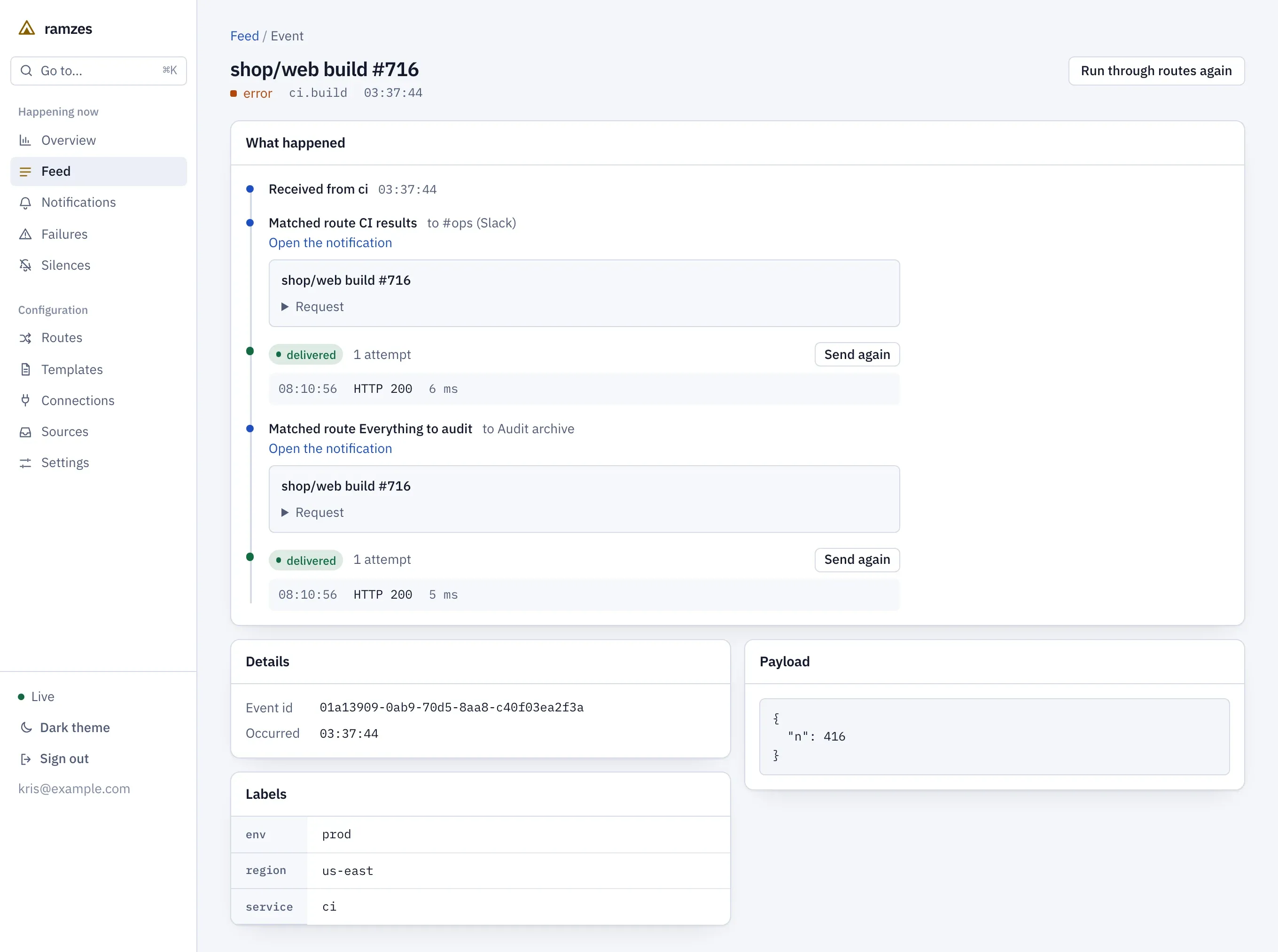 An event's page: it matched two routes, and each sent one message that was delivered at the first attempt.