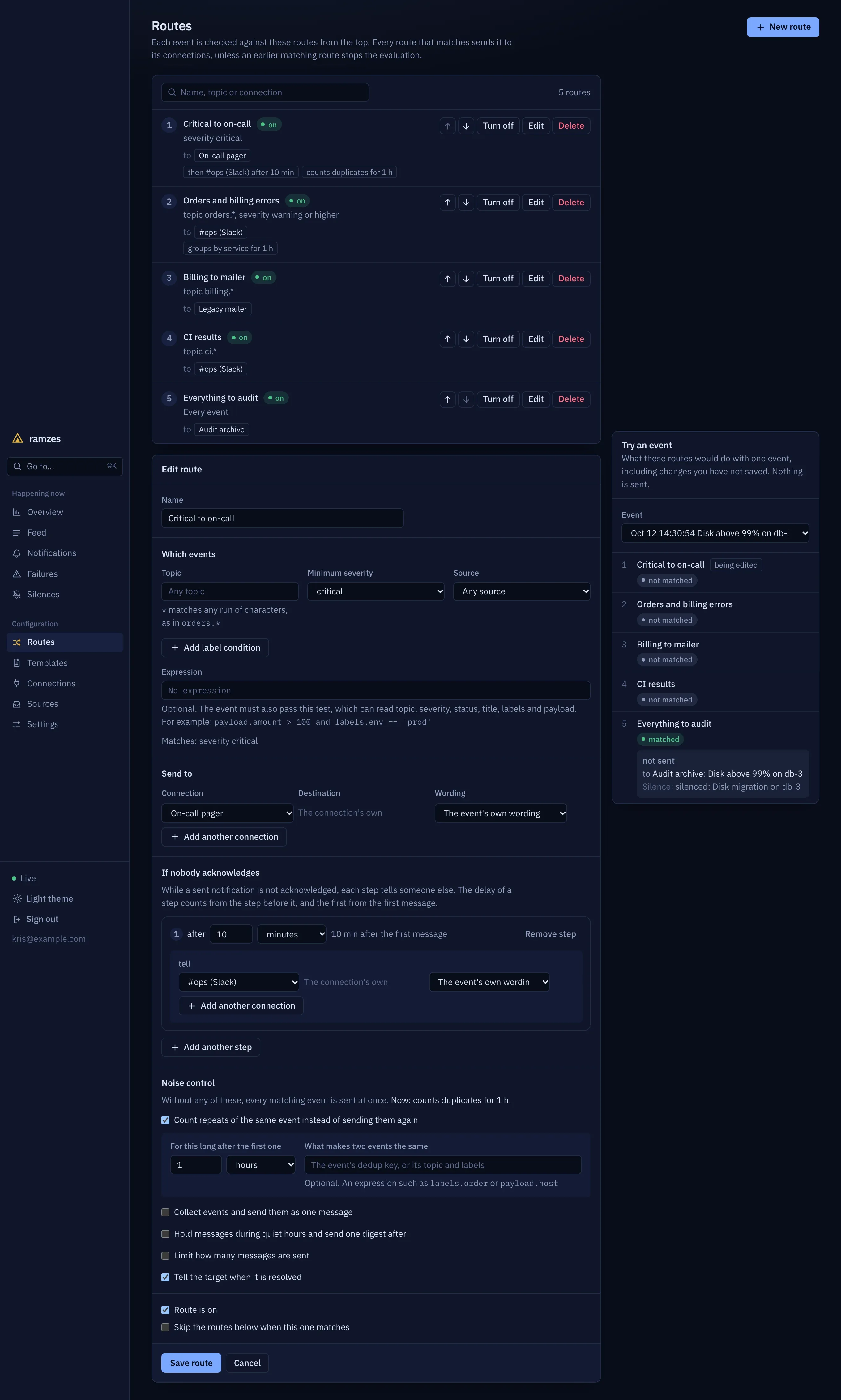 The route editor, with the tester on the right showing what each route would do with one event.