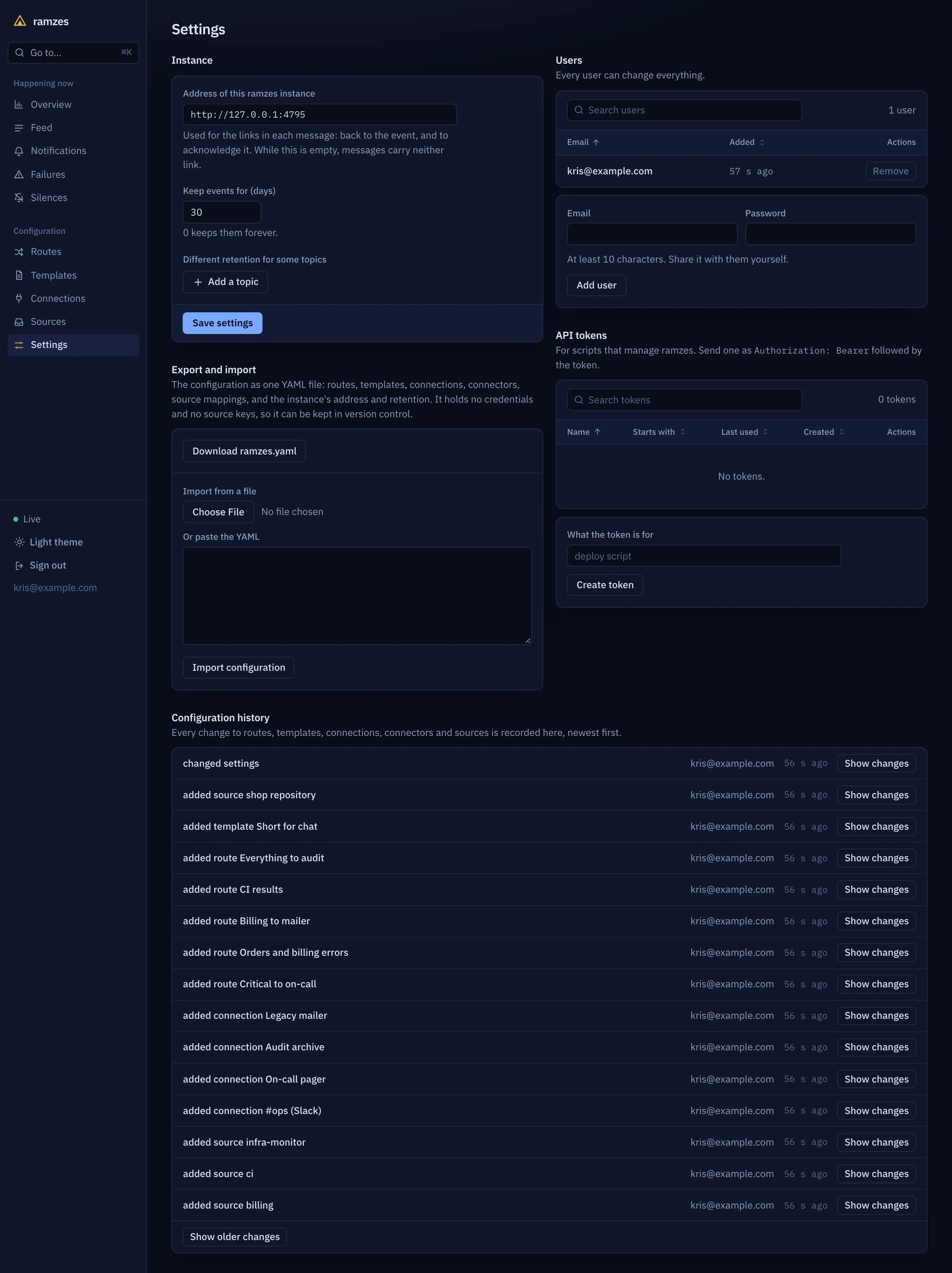 Settings: instance settings, export and import, users, API tokens, and the configuration history at the bottom.