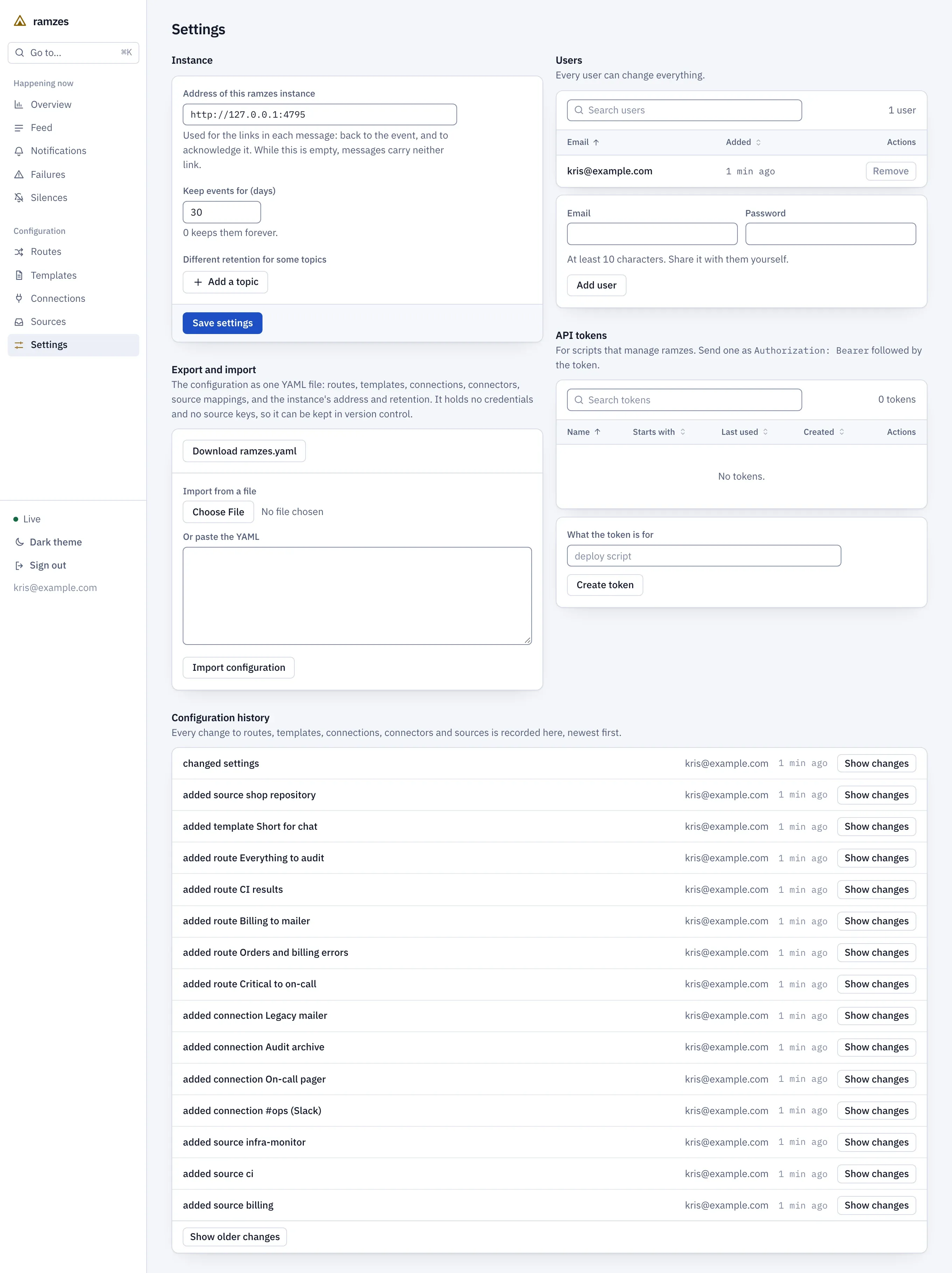 Settings: instance settings, export and import, users, API tokens, and the configuration history at the bottom.