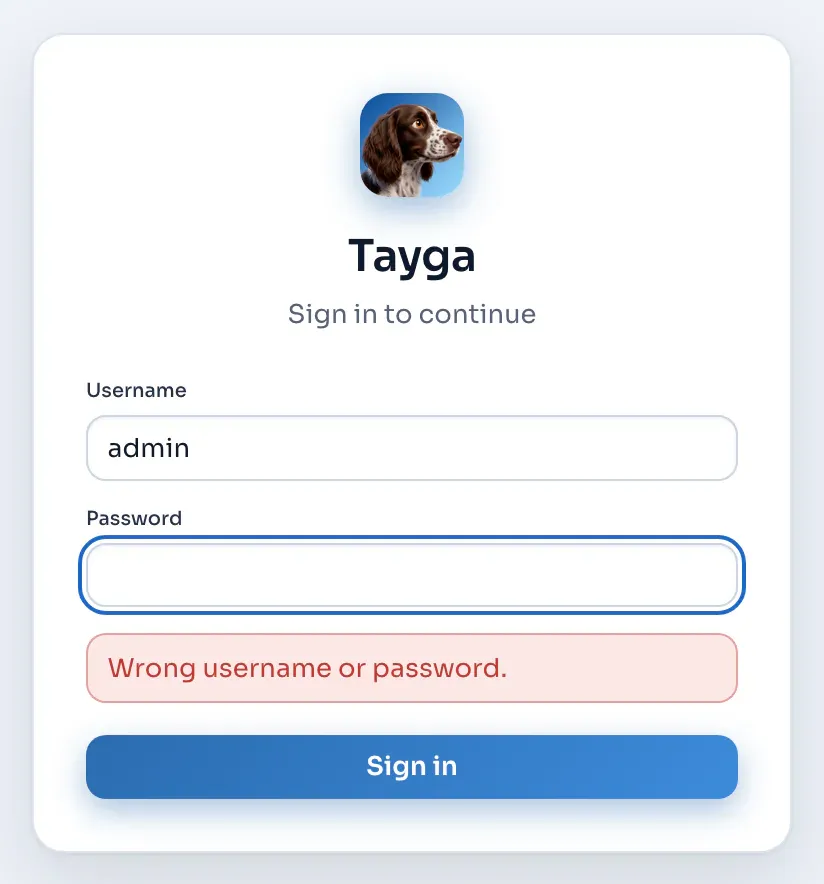 The form after a wrong username or password.