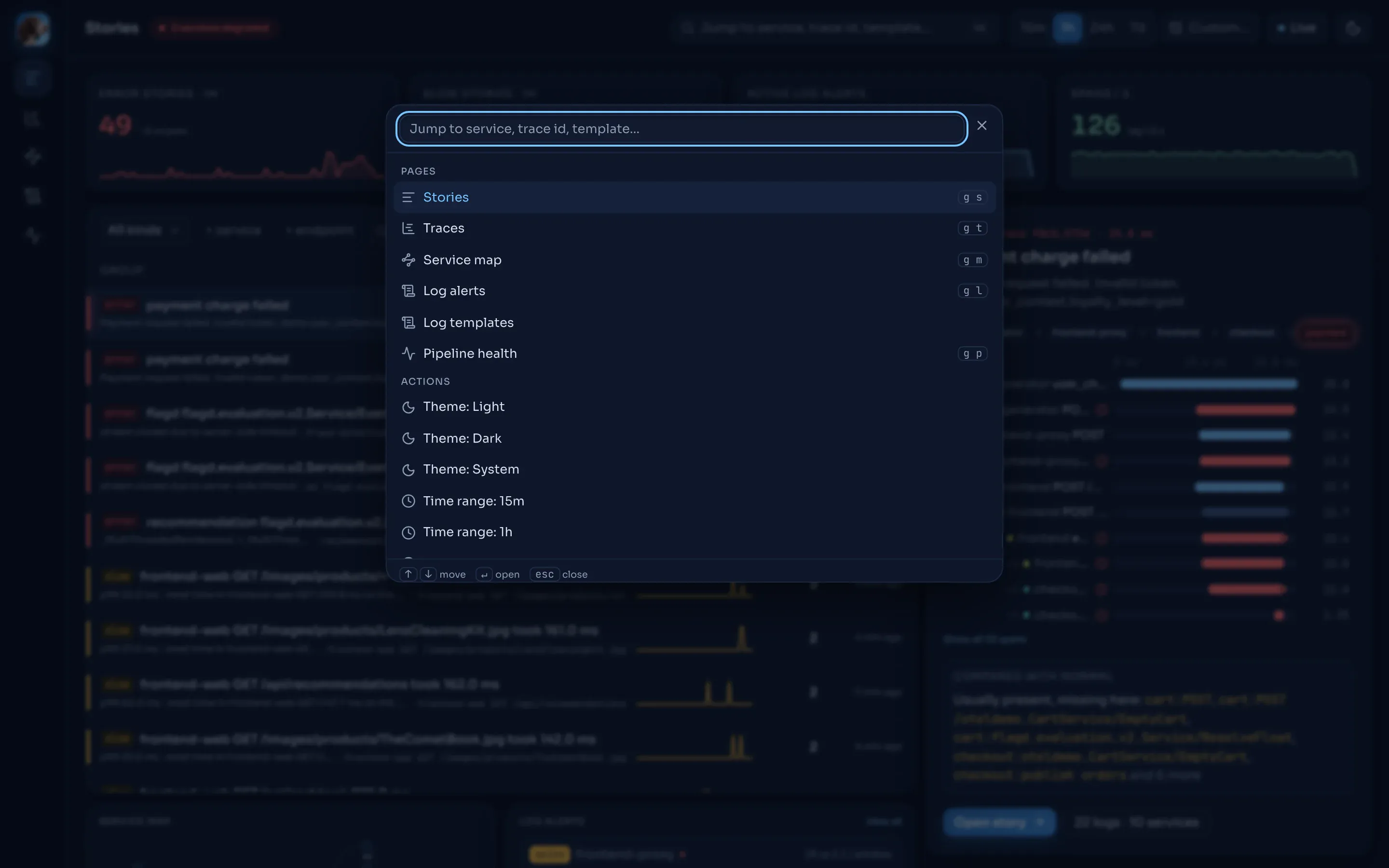 The command palette open over the Stories page.