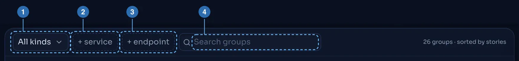 The filter bar above the story groups.