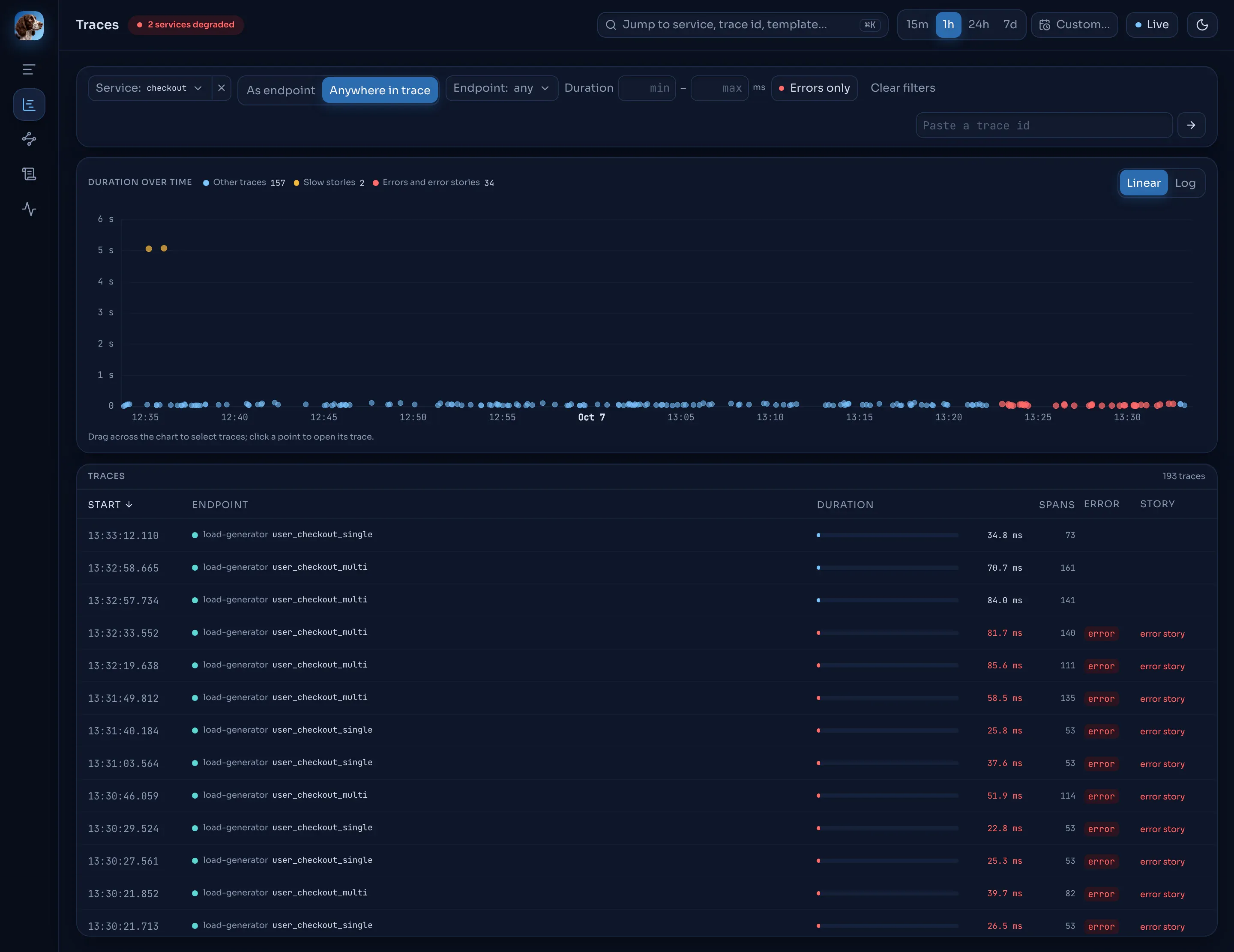 The explorer filtered to traces that touch the checkout service.
