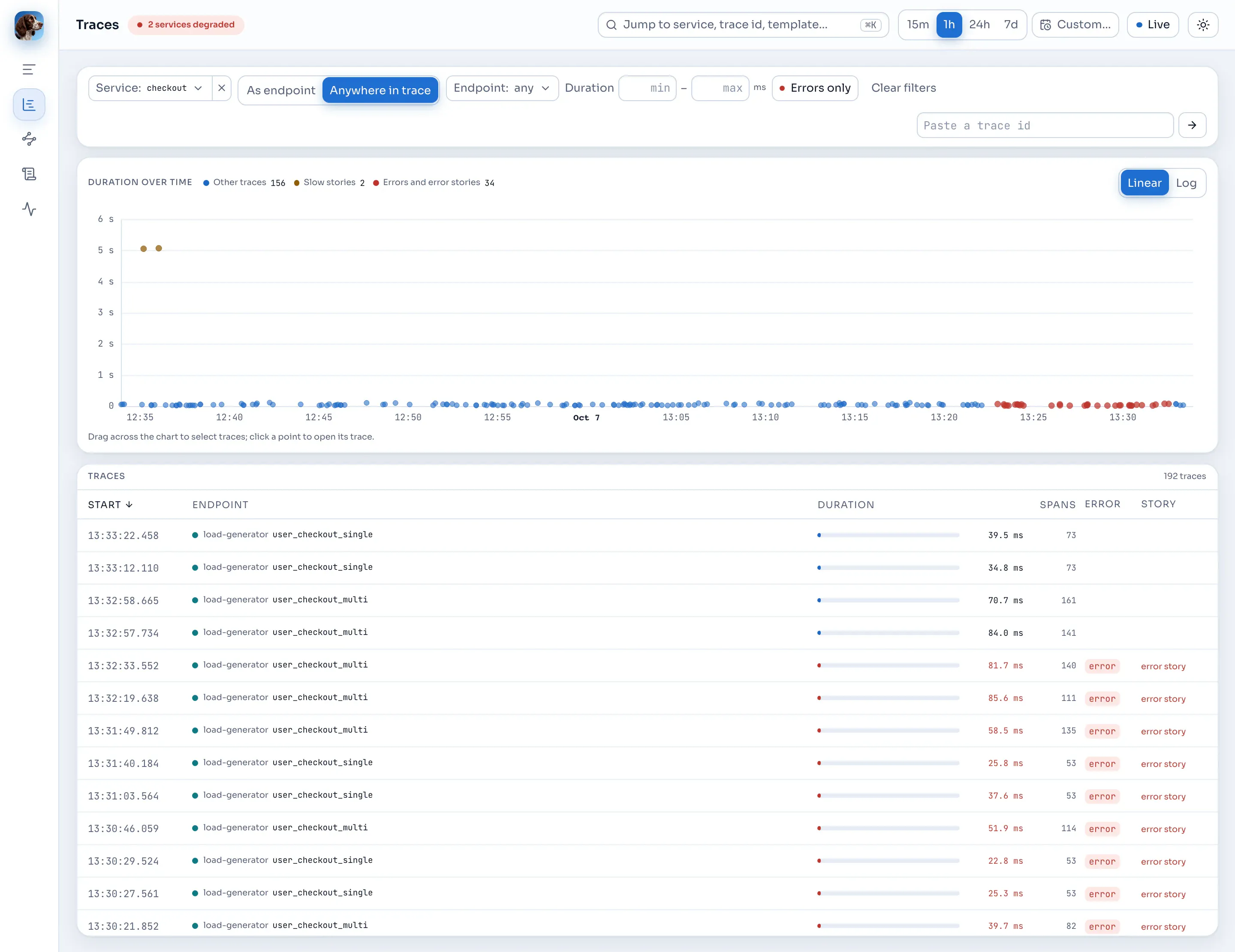 The explorer filtered to traces that touch the checkout service.